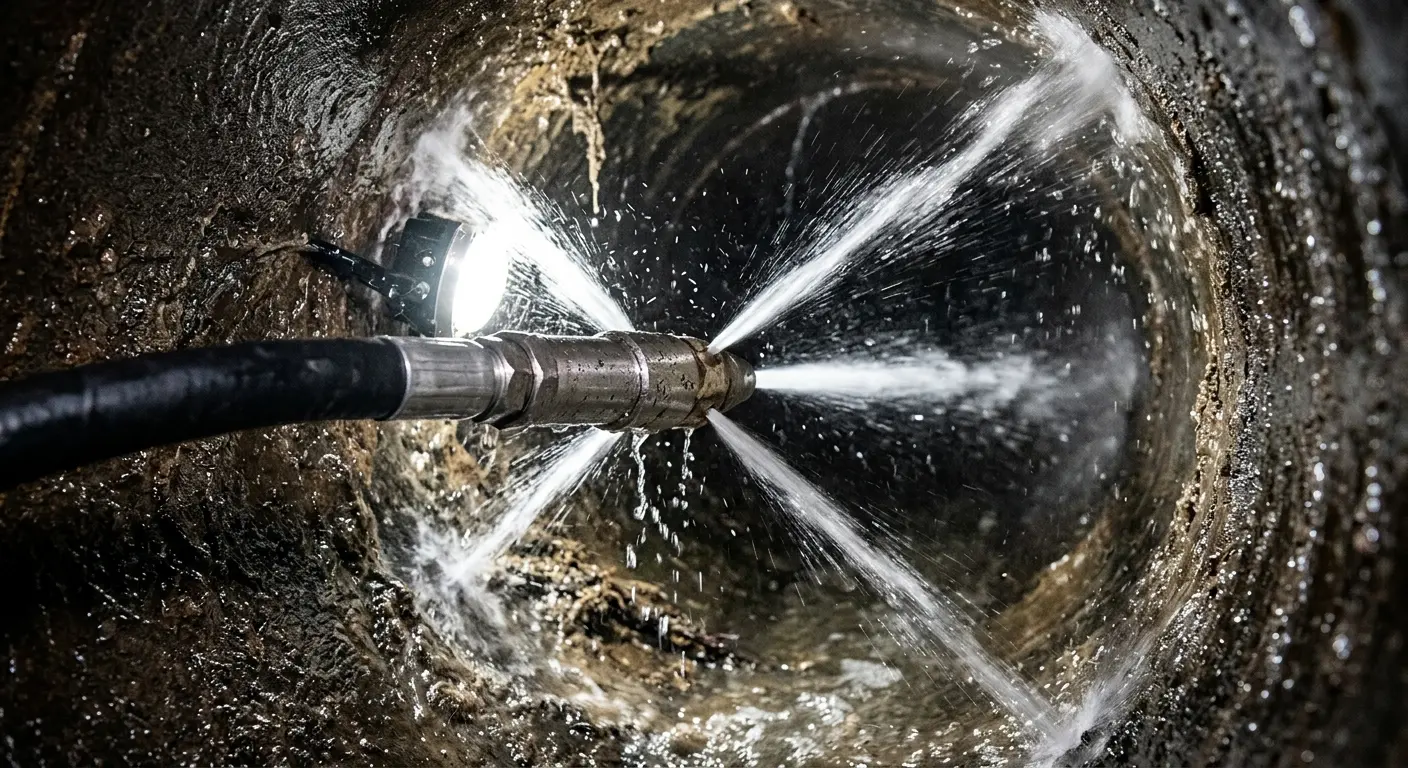 High-pressure hydro jetting nozzle cleaning sewer pipe for Emergency Drain Service in Brewton