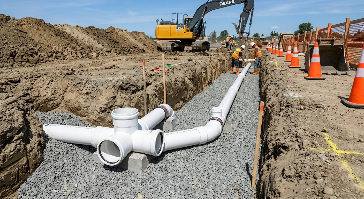 New PVC sewer pipe installation in open trench for Sewer Backup in Brewton