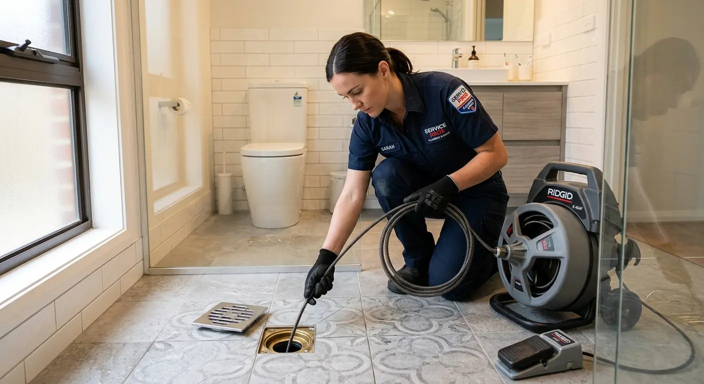 Technician clearing a bathroom floor drain for Hydro Jetting in Brewton